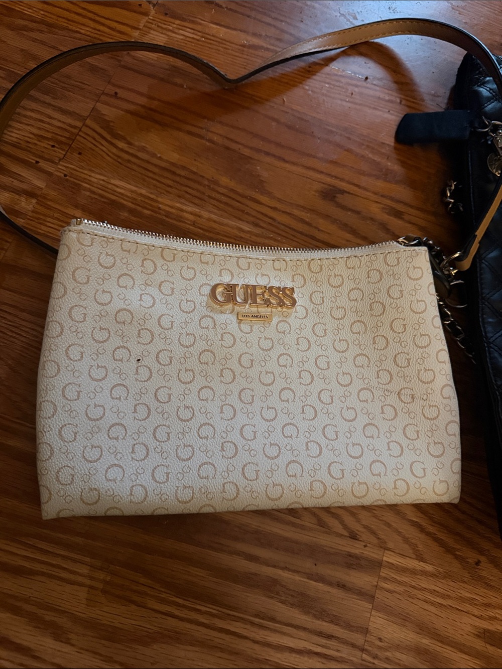 GUESS Cream Logo-Print Crossbody with Gold Hardware
